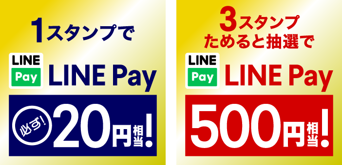 1スタンプで LINE Pay 必ず!20円圓相当!／3スタンプためると抽選で LINE Pay 500円圓相当!